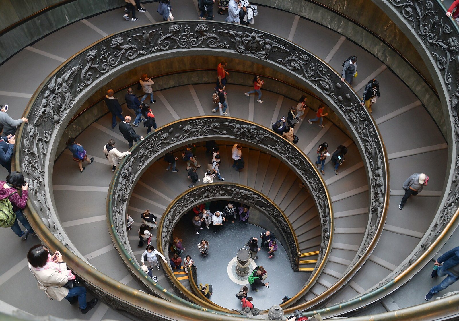 The spiral staircase of the Vatican Museums seen from above