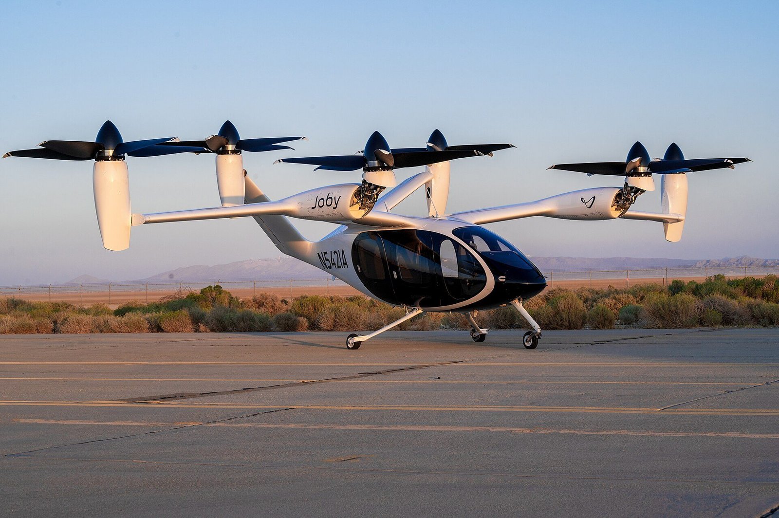 Joby S4 electric air taxi, the aircraft type planned for Dubai, at Edwards Air Force Base, California